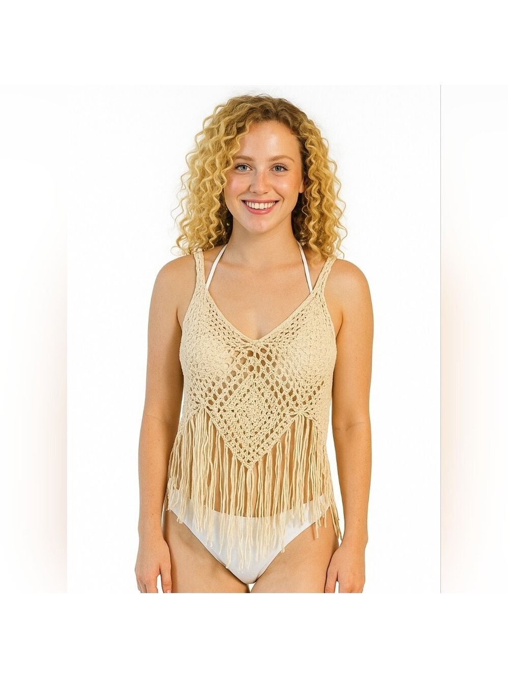 Hand Crafted Crochet Granny Square Top Beige Rhombus